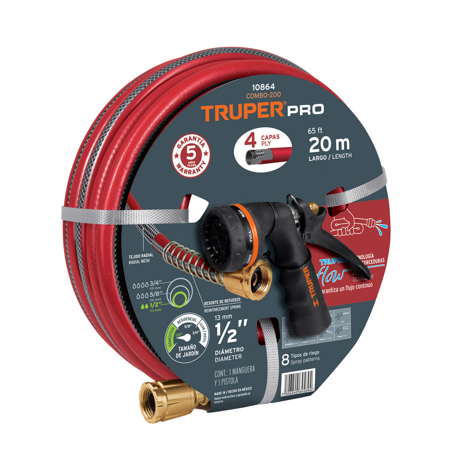 Combo manguera MAN-20X1/2X y pistola de riego PR-208 Truper