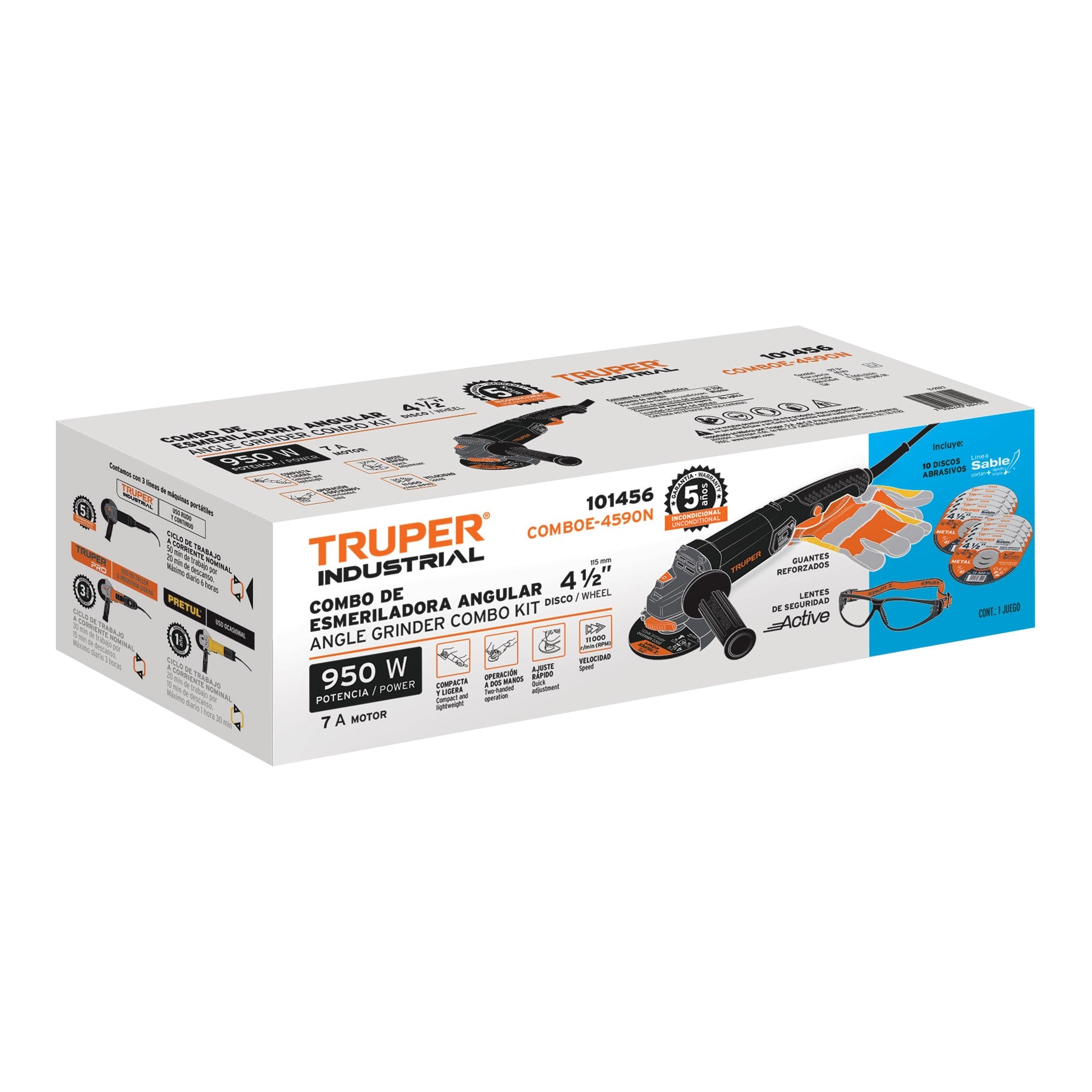 Combo esmeriladora 4-1/2"950W discos lentes y guantesIND