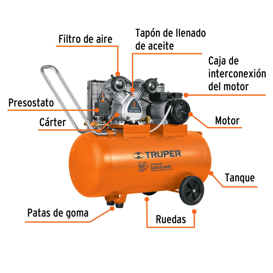 Compresor lubricado de banda 120L4HP hor 220V TRUPER