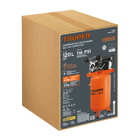 Compresor lubricado de banda 120L 4HP vert 220V TRUPER