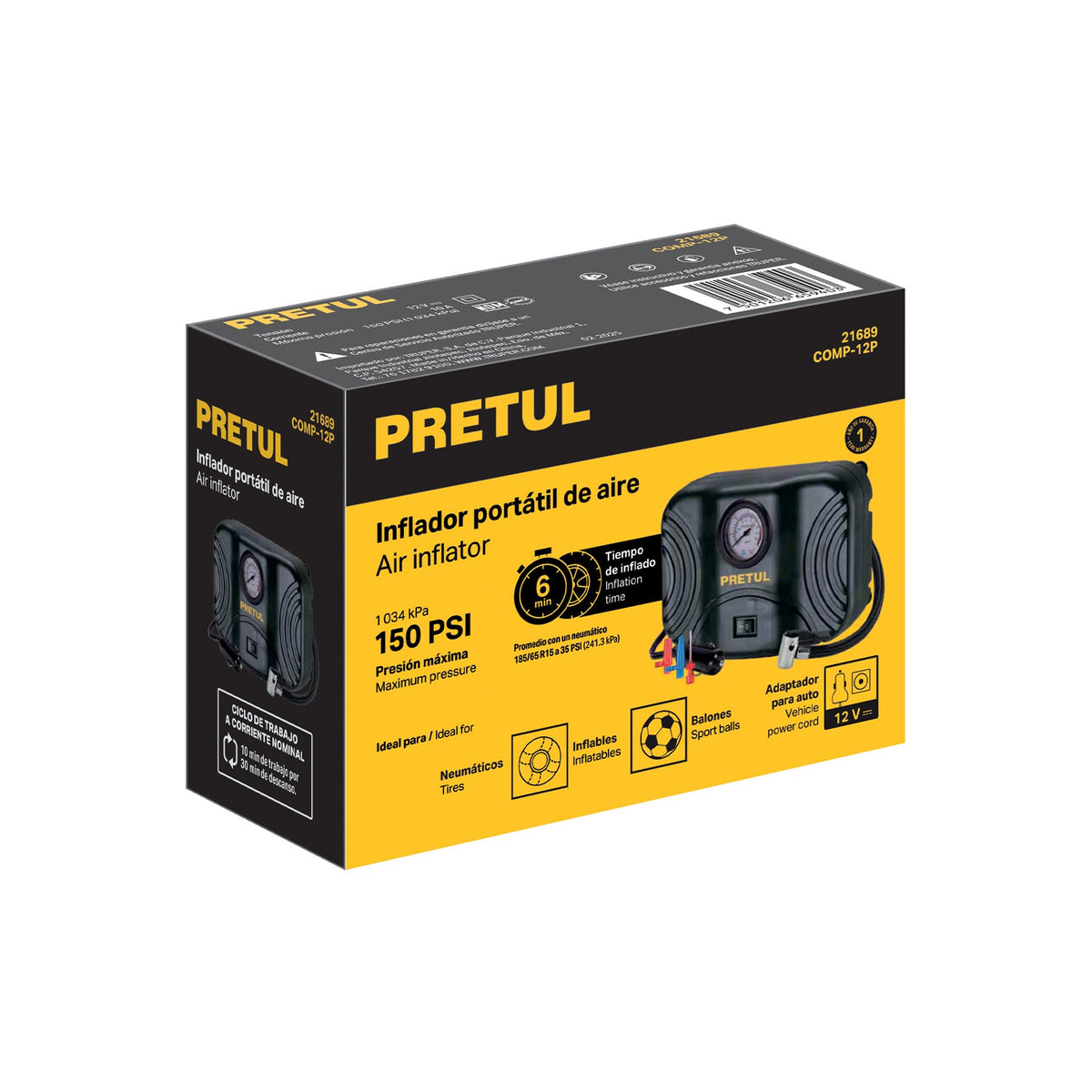 Inflador portatil para auto 12 V PRETUL
