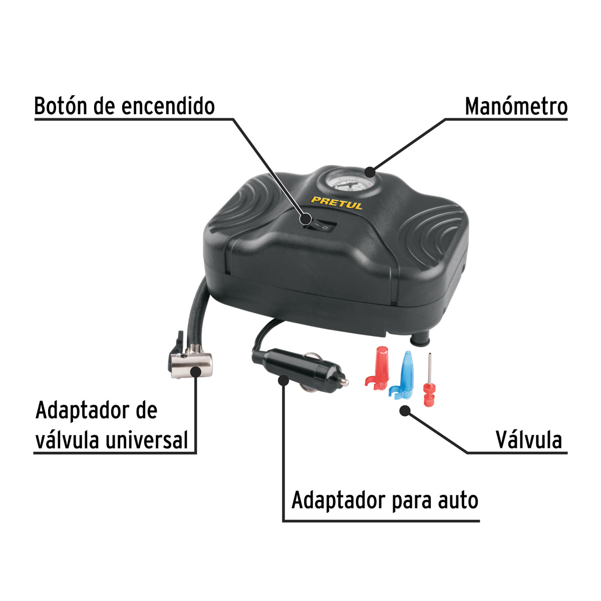 Inflador portatil para auto 12 V PRETUL