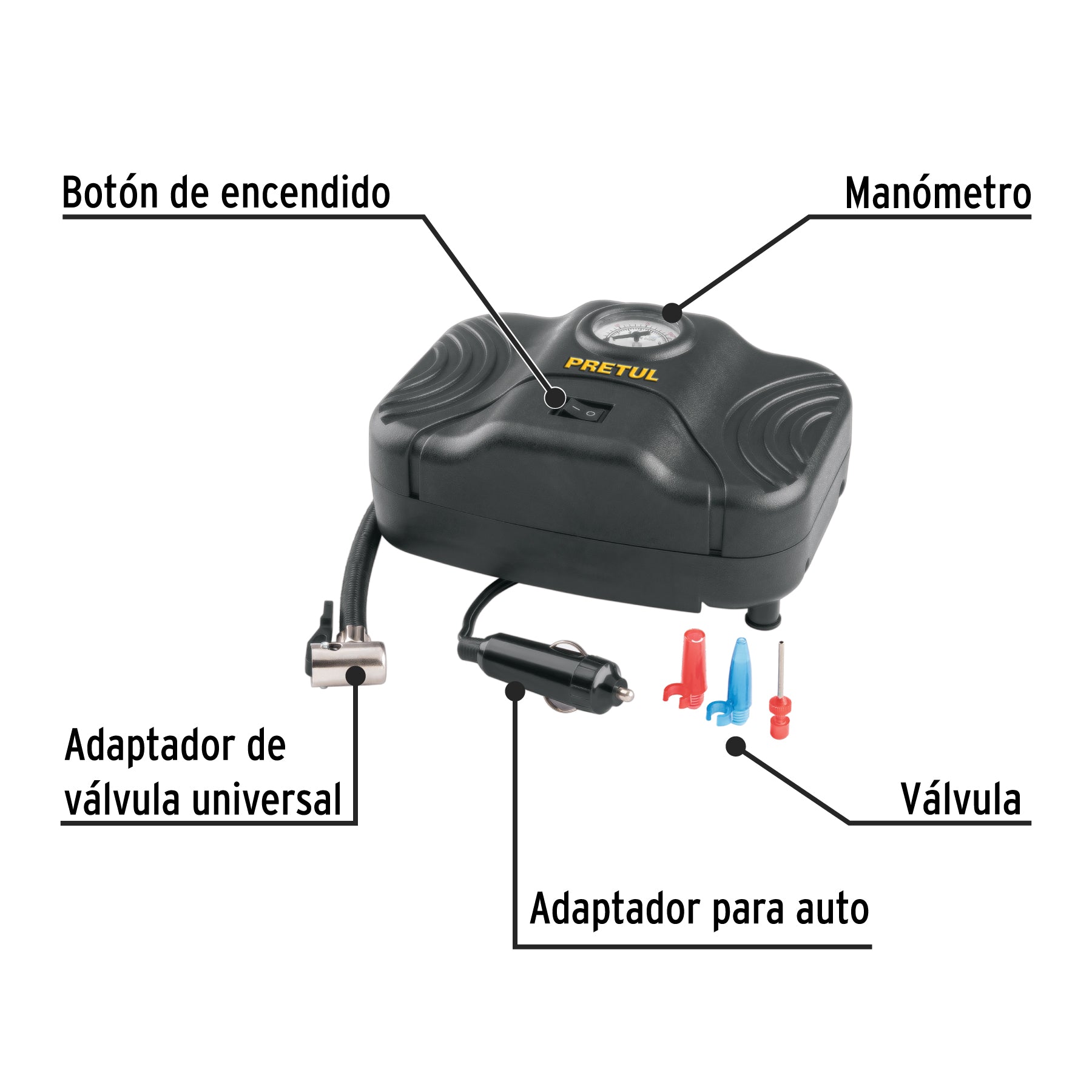 Inflador portatil para auto 12 V PRETUL