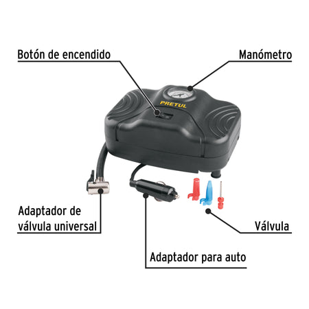 Inflador portatil para auto 12 V PRETUL