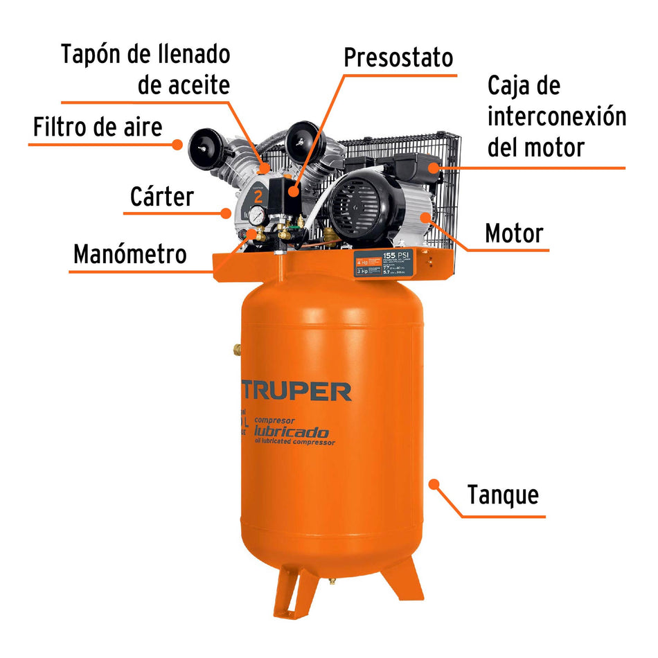 Compresor lubricado, de banda, 180L, 4HP, vert, 220V, TRUPER 180L, 4HP, 220V