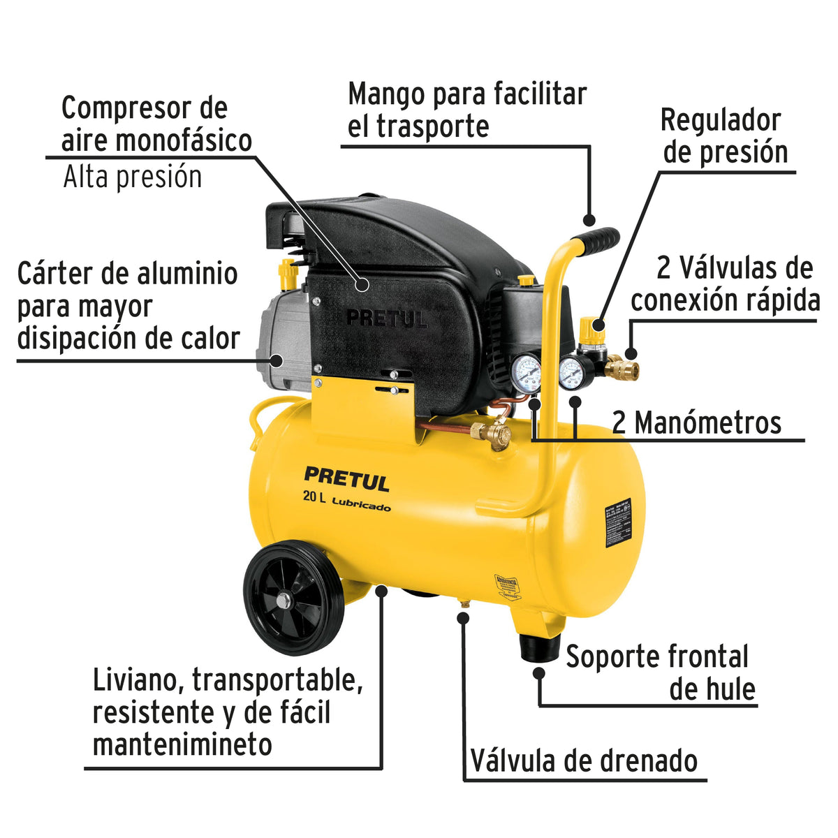 Compresor lubricado 20L 2-1/2HP horizontal 127V PRETUL