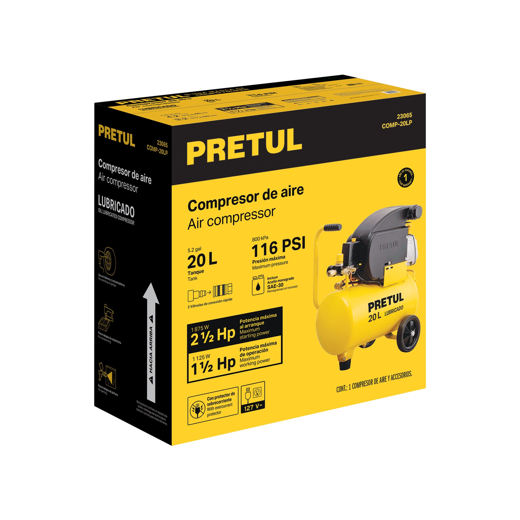 Compresor lubricado 20L 2-1/2HP horizontal 127V PRETUL