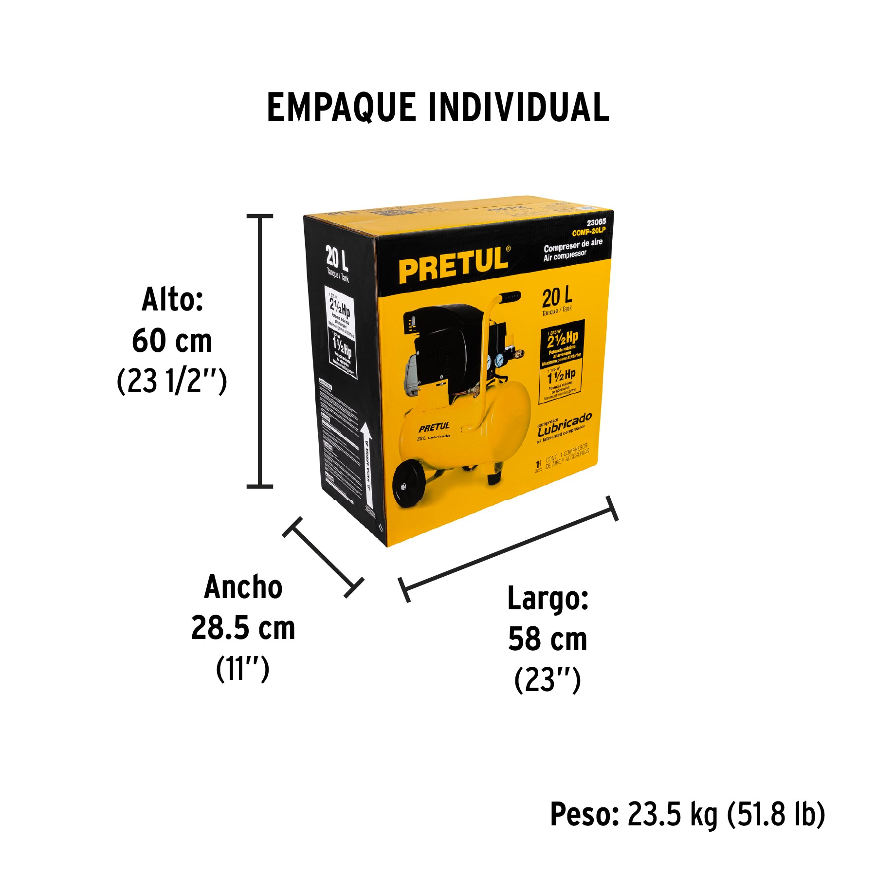 Compresor lubricado 20L 2-1/2HP horizontal 127V PRETUL