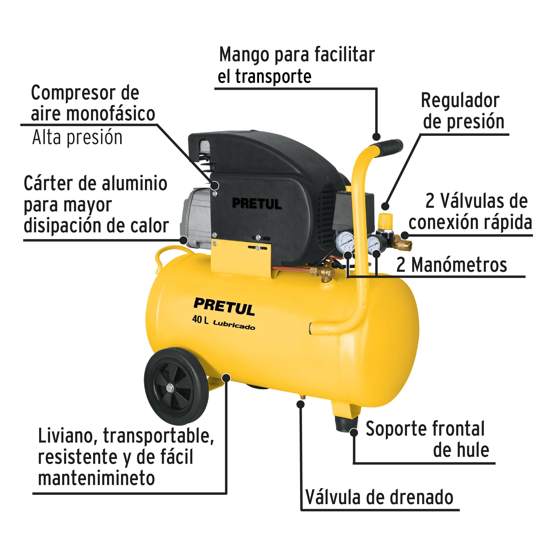 Compresor lubricado 40L 3HP horizontal 127V PRETUL