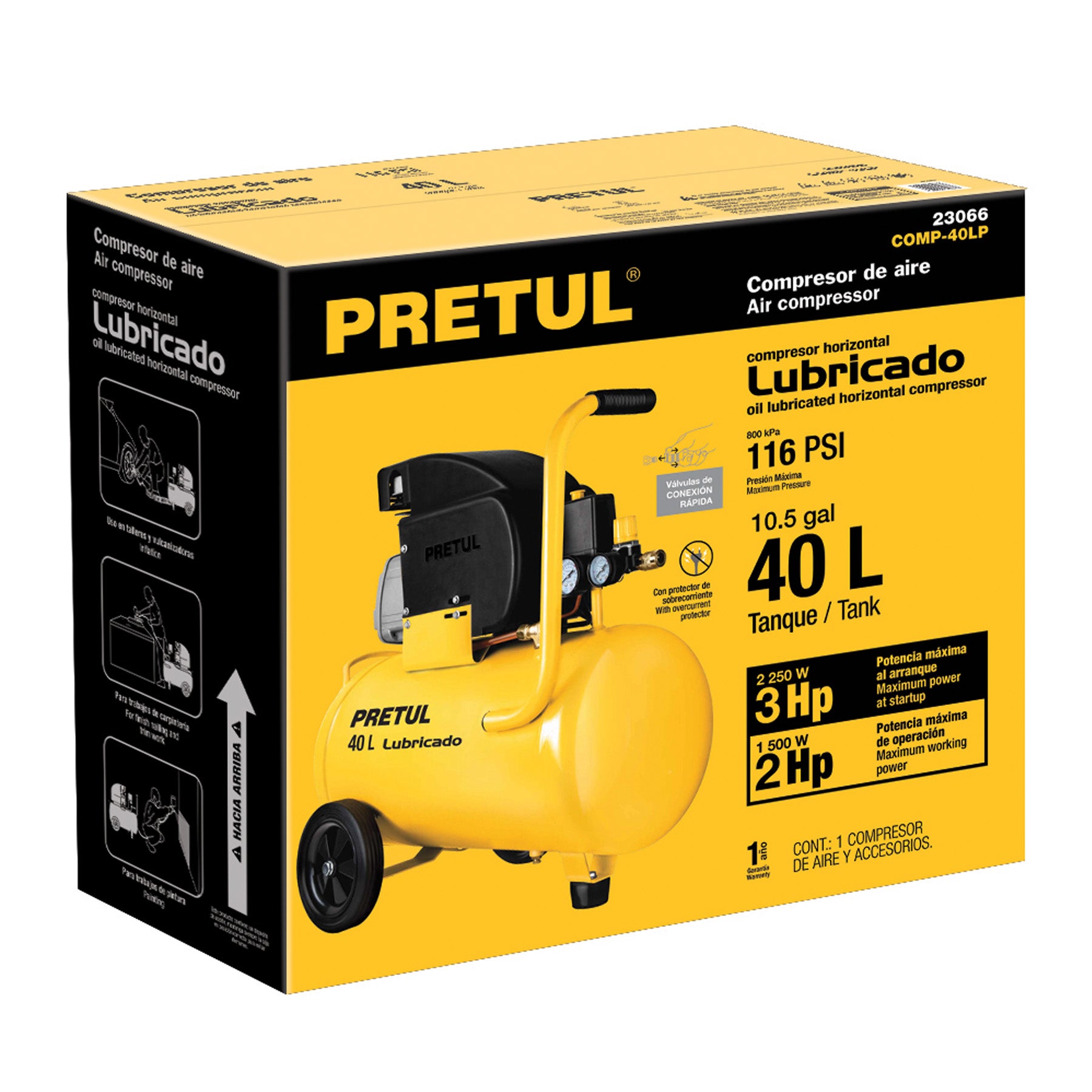 Compresor lubricado 40L 3HP horizontal 127V PRETUL
