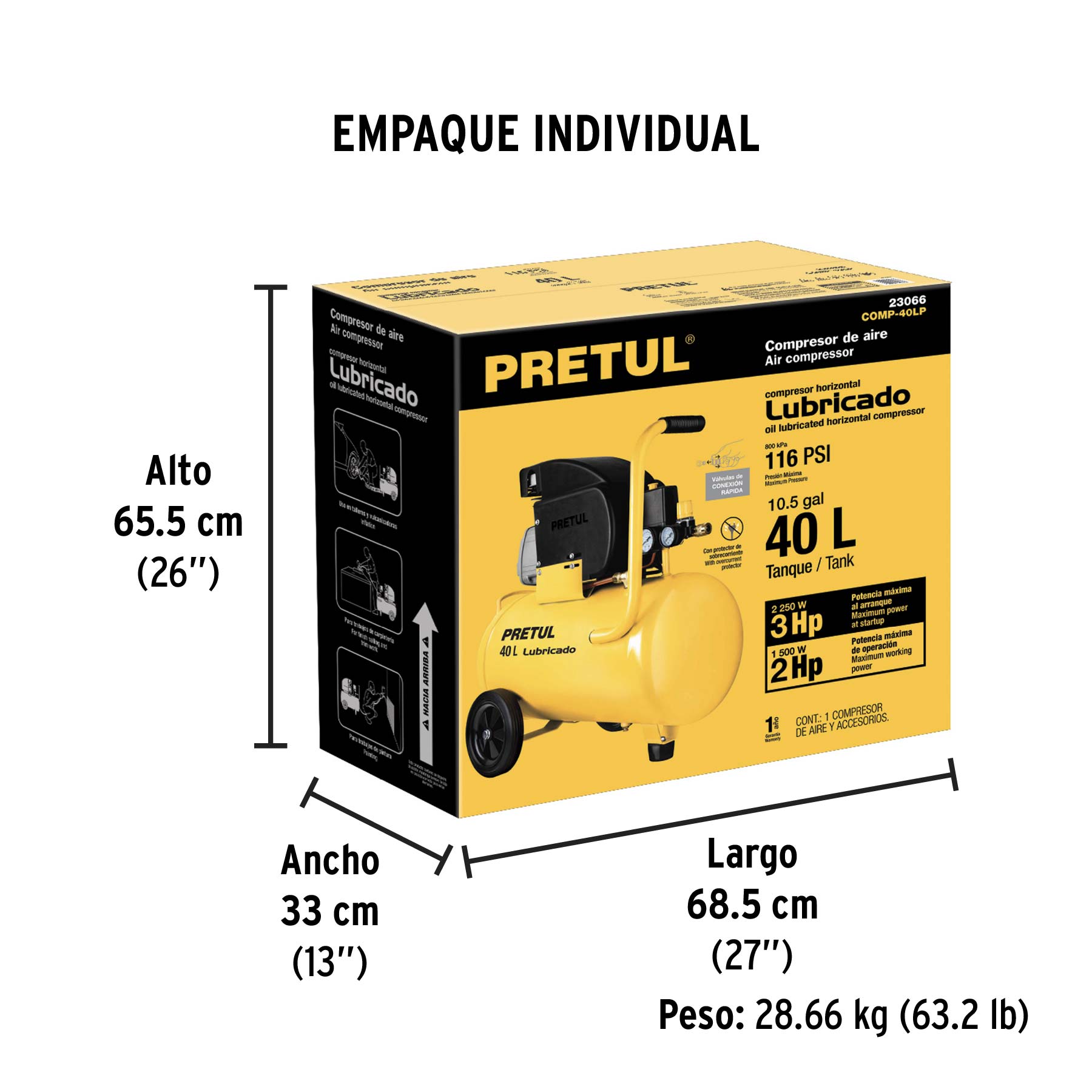 Compresor lubricado 40L 3HP horizontal 127V PRETUL