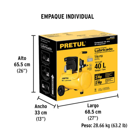 Compresor lubricado 40L 3HP horizontal 127V PRETUL