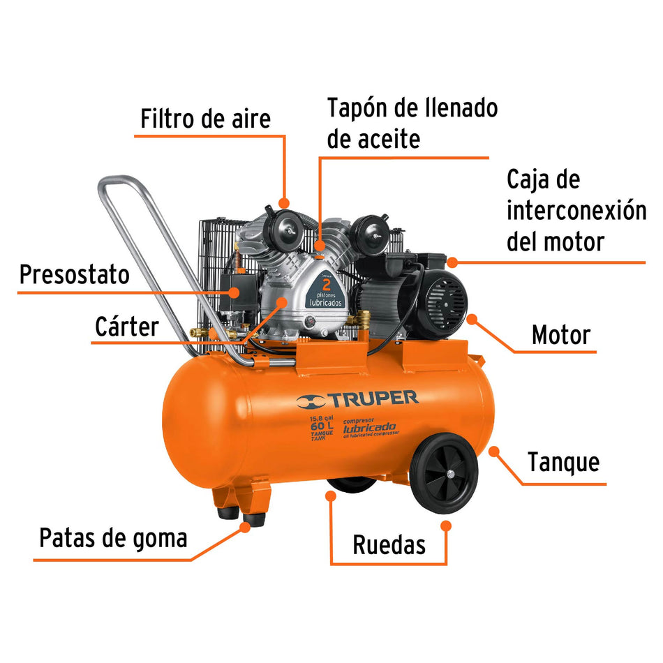 Compresor lubricado de banda 60L hor 4HP 127V TRUPER