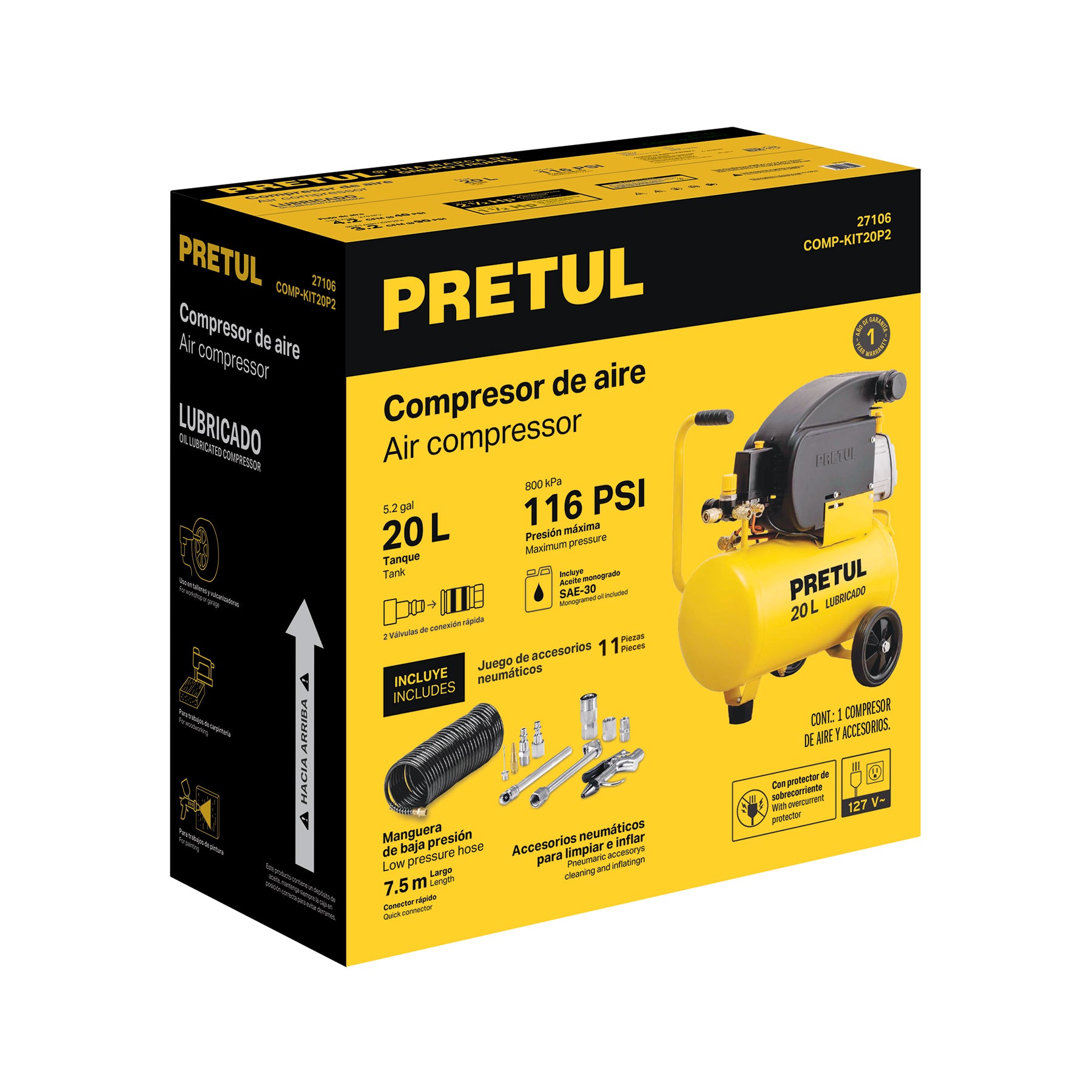 Kit Compresor lub 20L manguera y accesorios 127V PRETUL