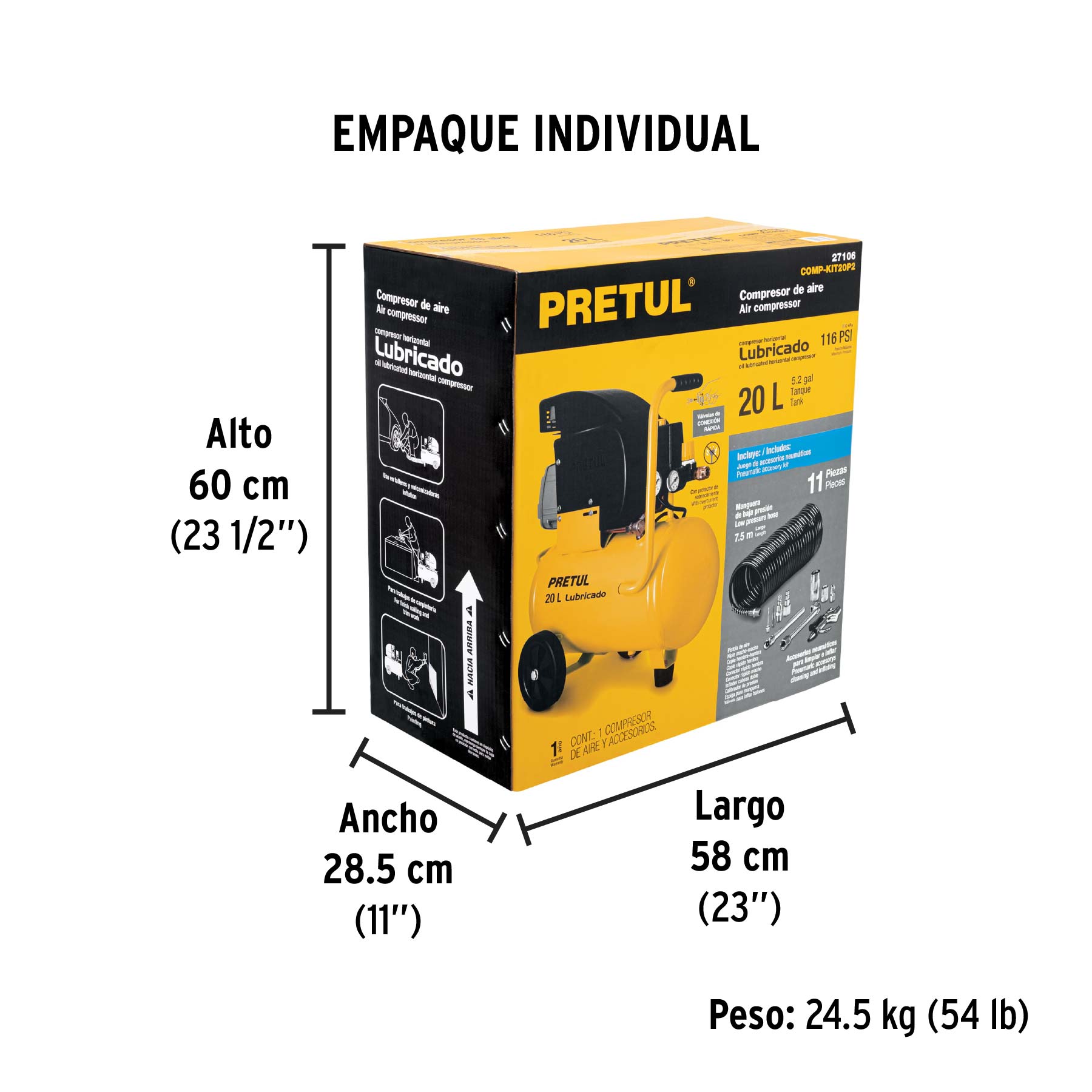 Kit Compresor lub 20L manguera y accesorios 127V PRETUL