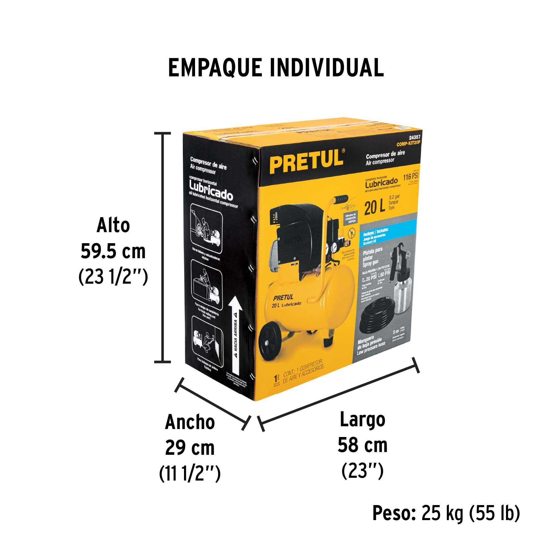 Kit Compresor lub manguera y pistola baja127V PRETUL 20 L