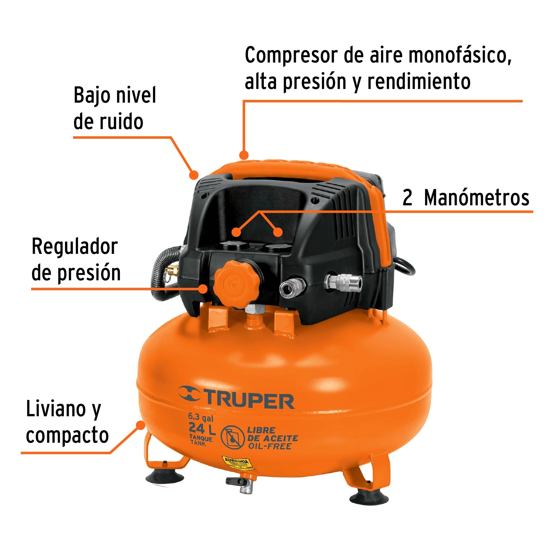 Kit compresor libre de aceite 24L manguera y pistolaTRUPER
