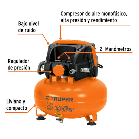 Kit compresor libre de aceite 24L manguera y pistolaTRUPER