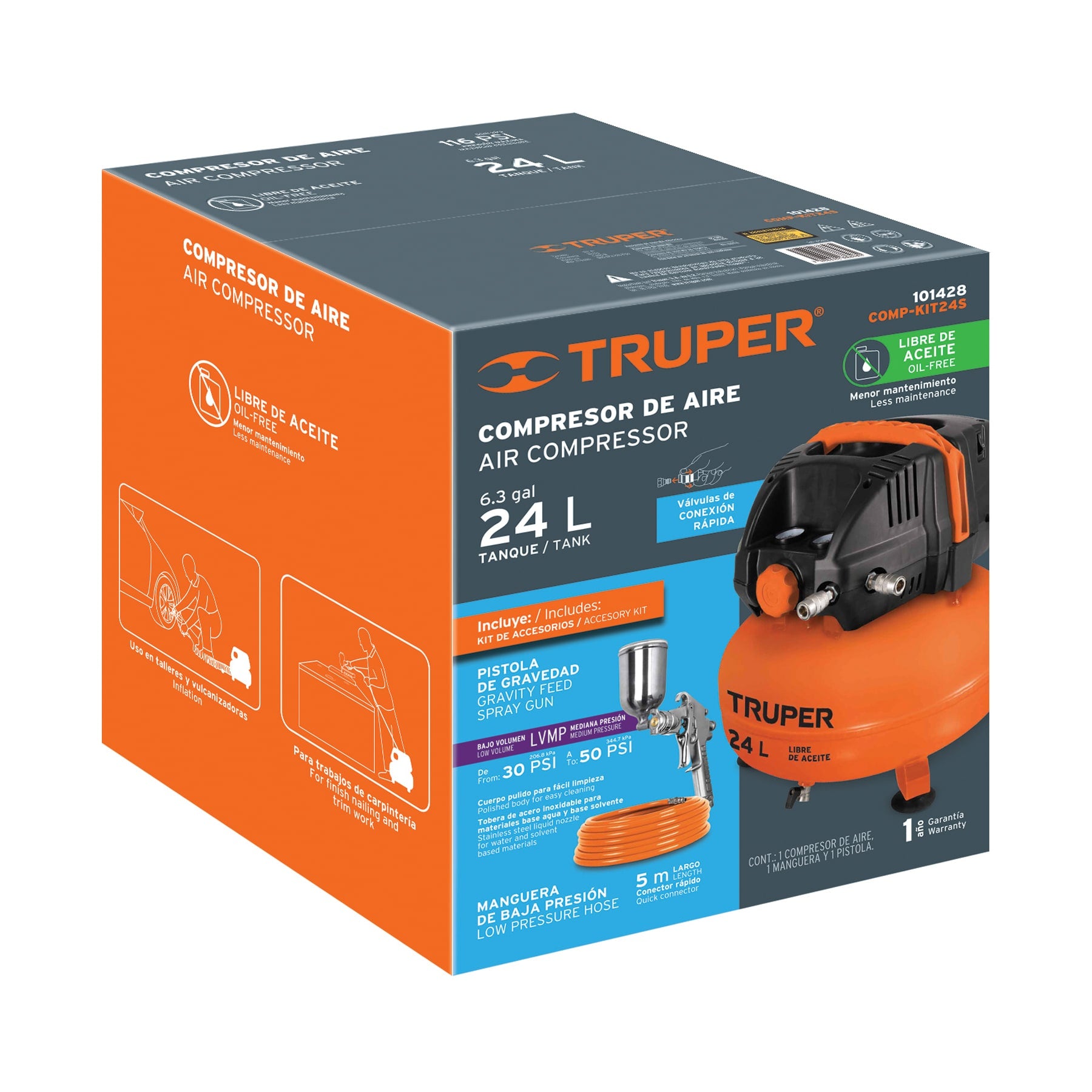 Kit compresor libre de aceite 24L manguera y pistolaTRUPER