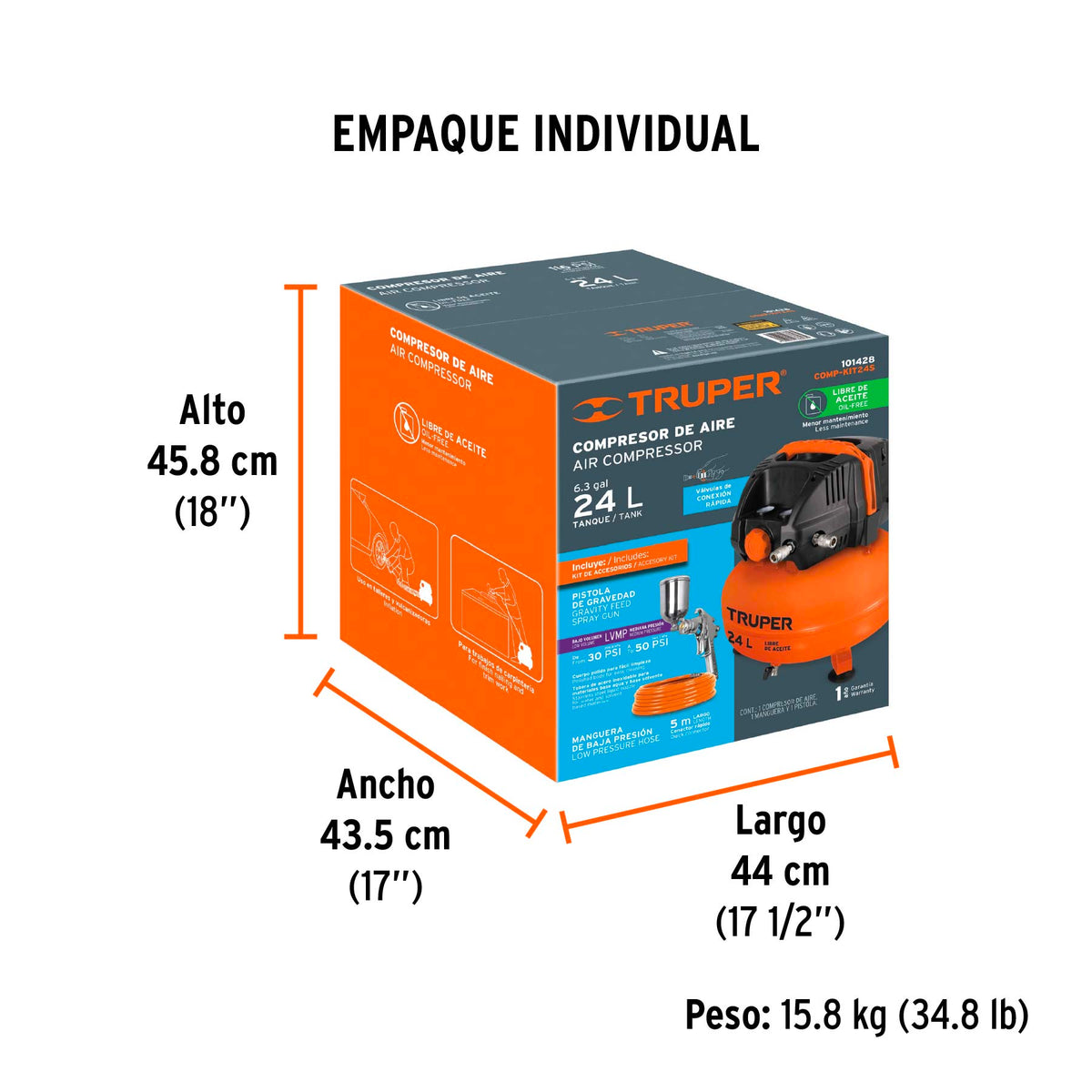 Kit compresor libre de aceite 24L manguera y pistolaTRUPER