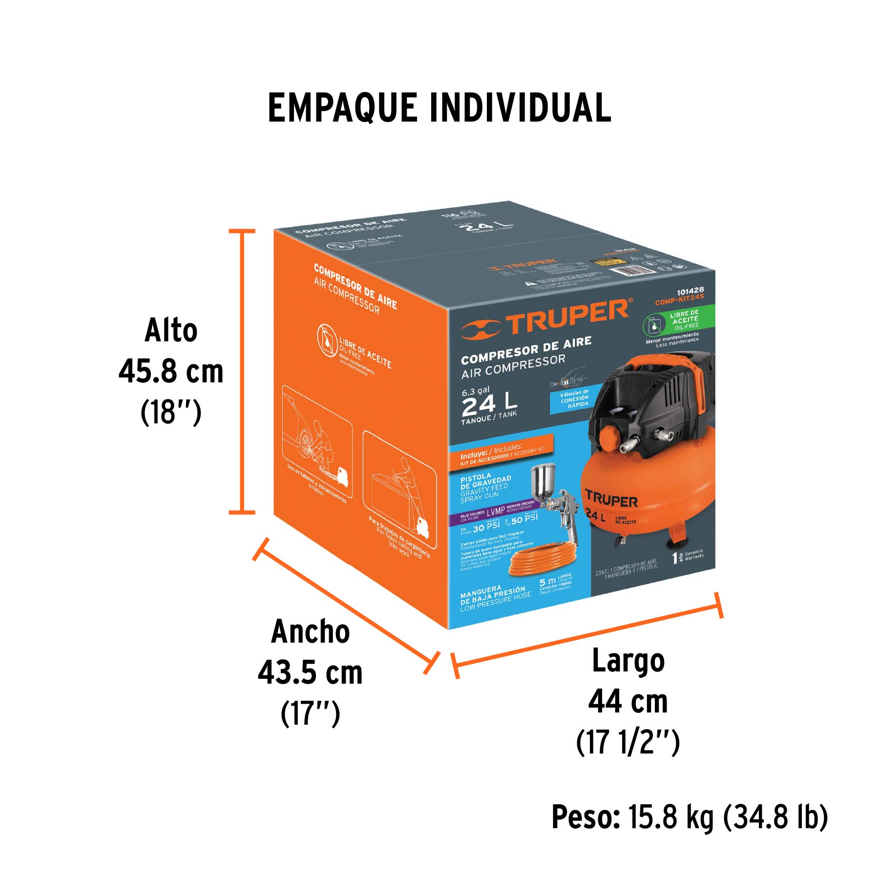 Kit compresor libre de aceite 24L manguera y pistolaTRUPER