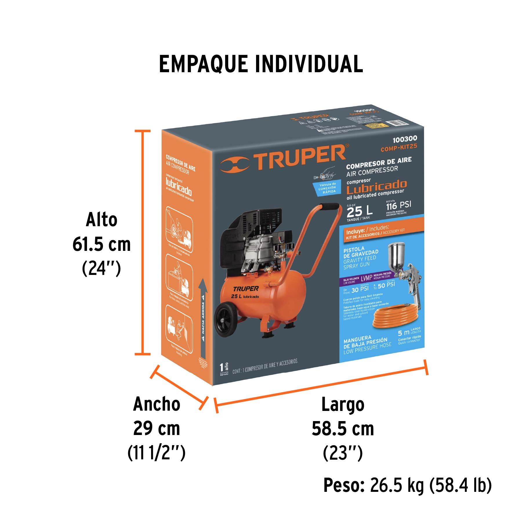 Kit Compresor lub manguera y pistola grav127V TRUPER 25 L