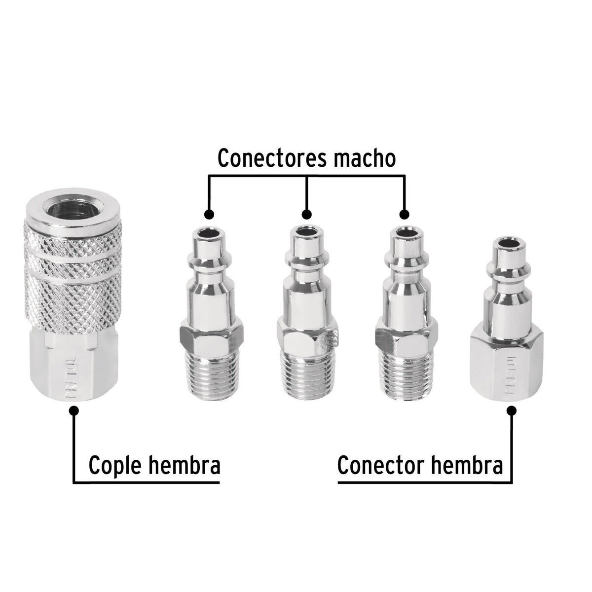 Juego de 4 conectores rapidos y 1 cople de acero PRETUL
