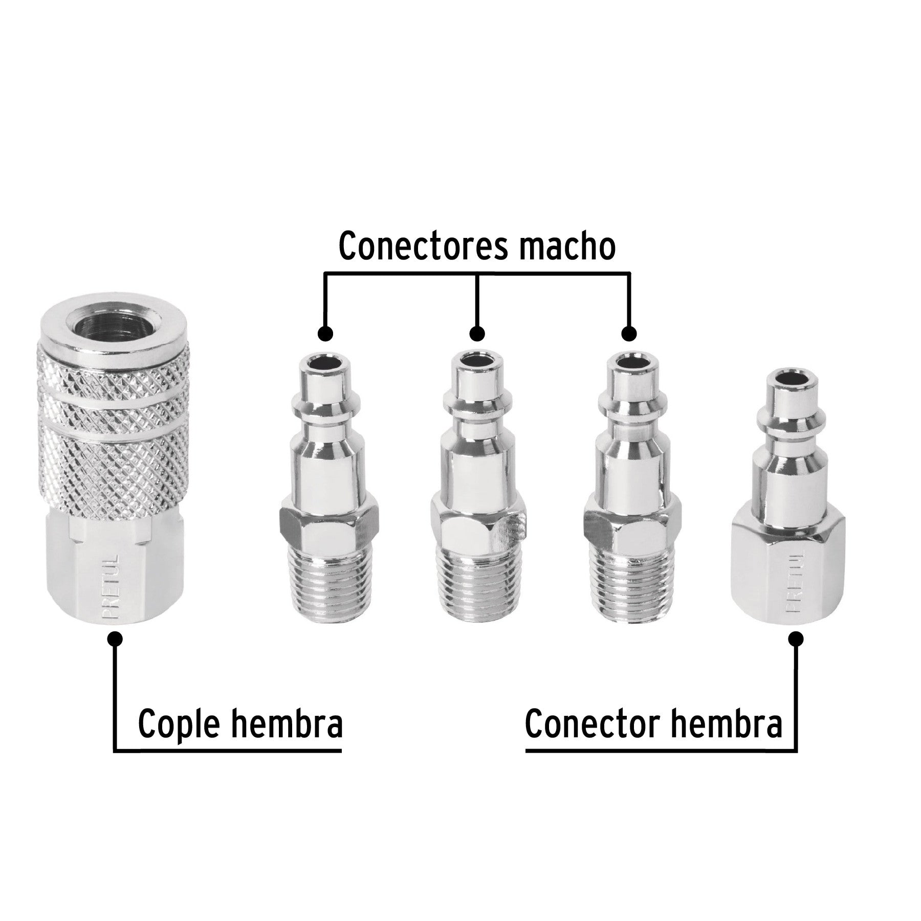 Juego de 4 conectores rapidos y 1 cople de acero PRETUL
