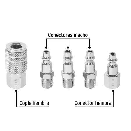 Juego de 4 conectores rapidos y 1 cople de acero PRETUL