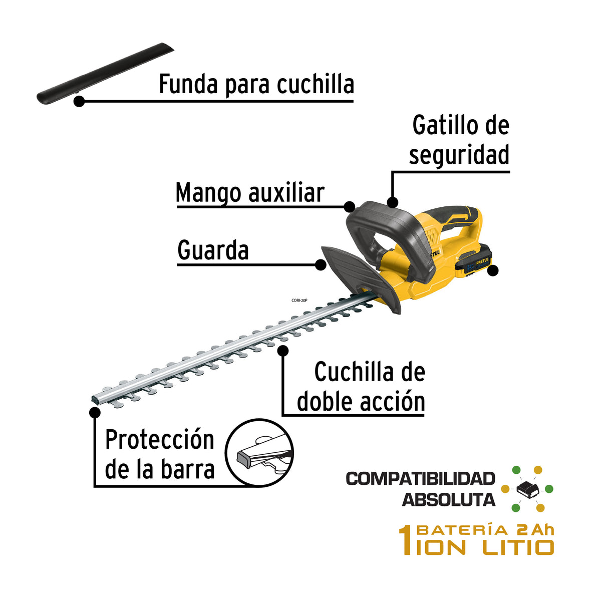 Cortasetos inalambrico 20V 1 bateria 2Ah 1 carg. PRETUL