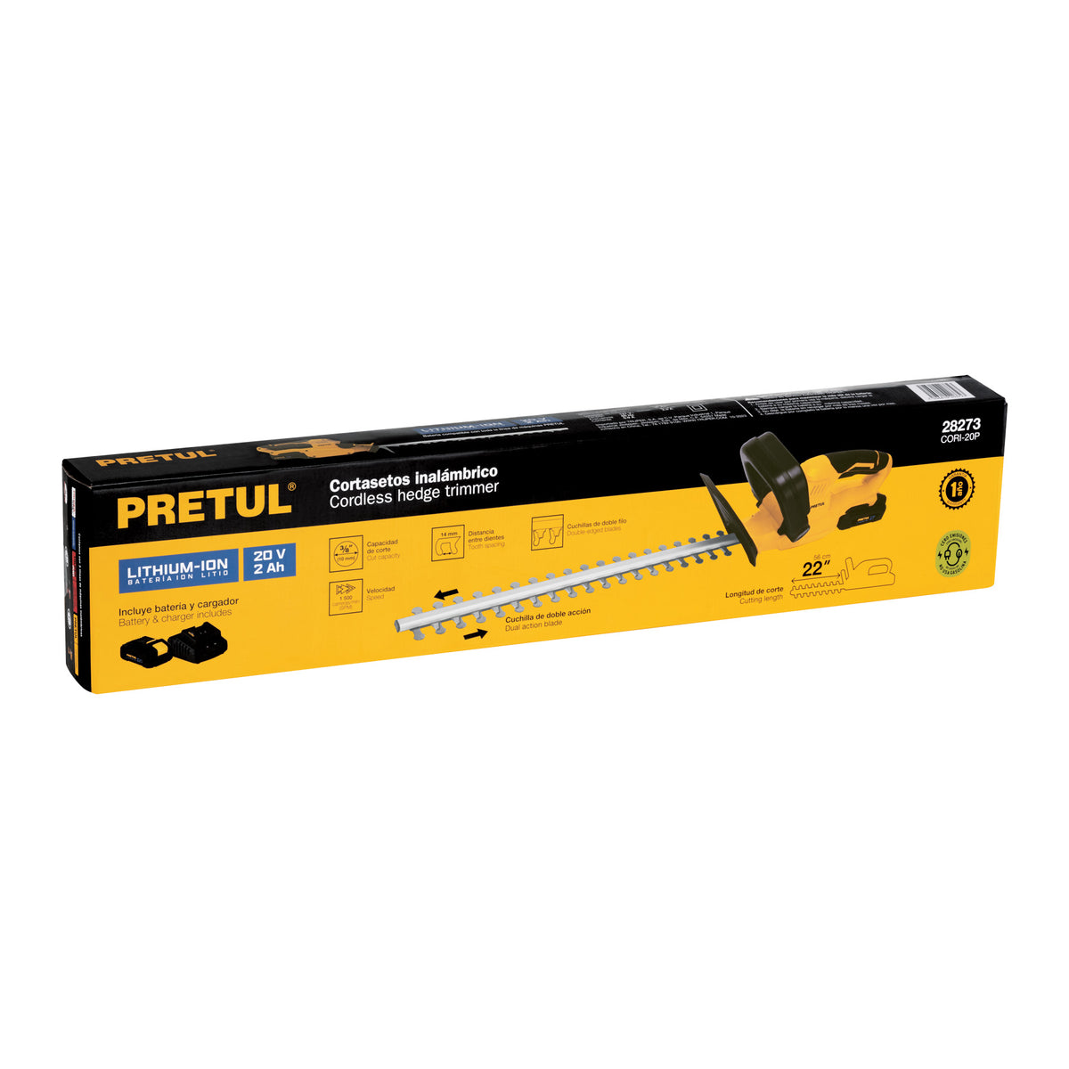 Cortasetos inalambrico 20V 1 bateria 2Ah 1 carg. PRETUL
