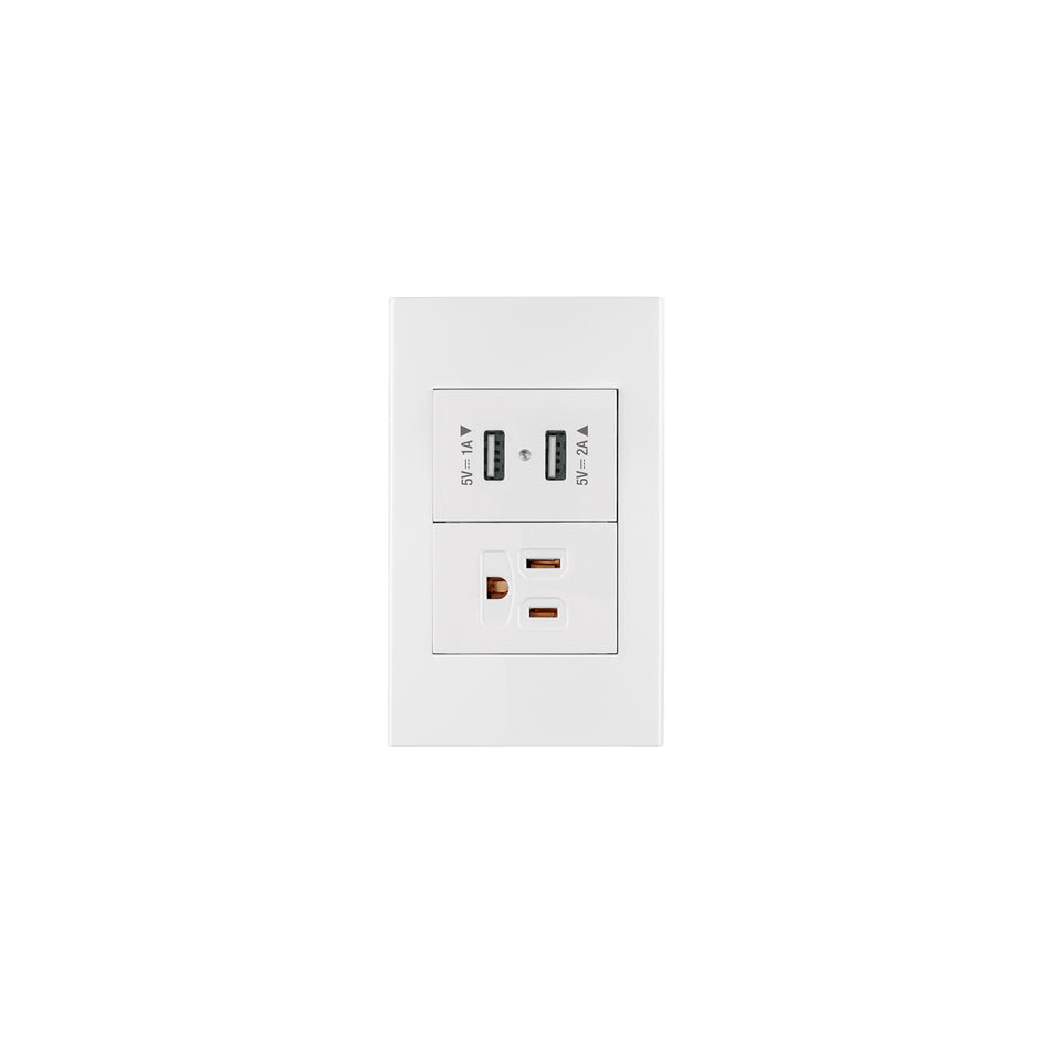 Placa armada 1contacto, 2puertos USB, 1.5mod,Española,blanco