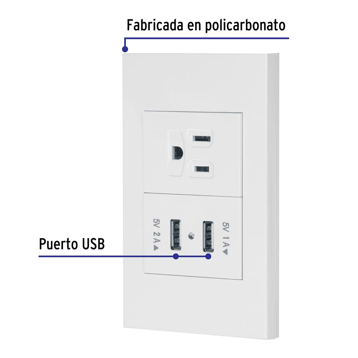 Placa armada 1contacto, 2puertos USB, 1.5mod,Española,blanco