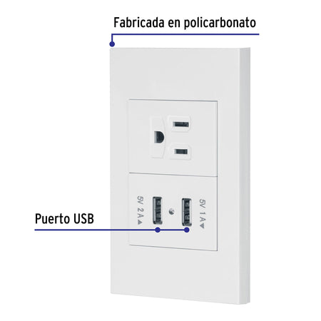 Placa armada 1contacto, 2puertos USB, 1.5mod,Española,blanco