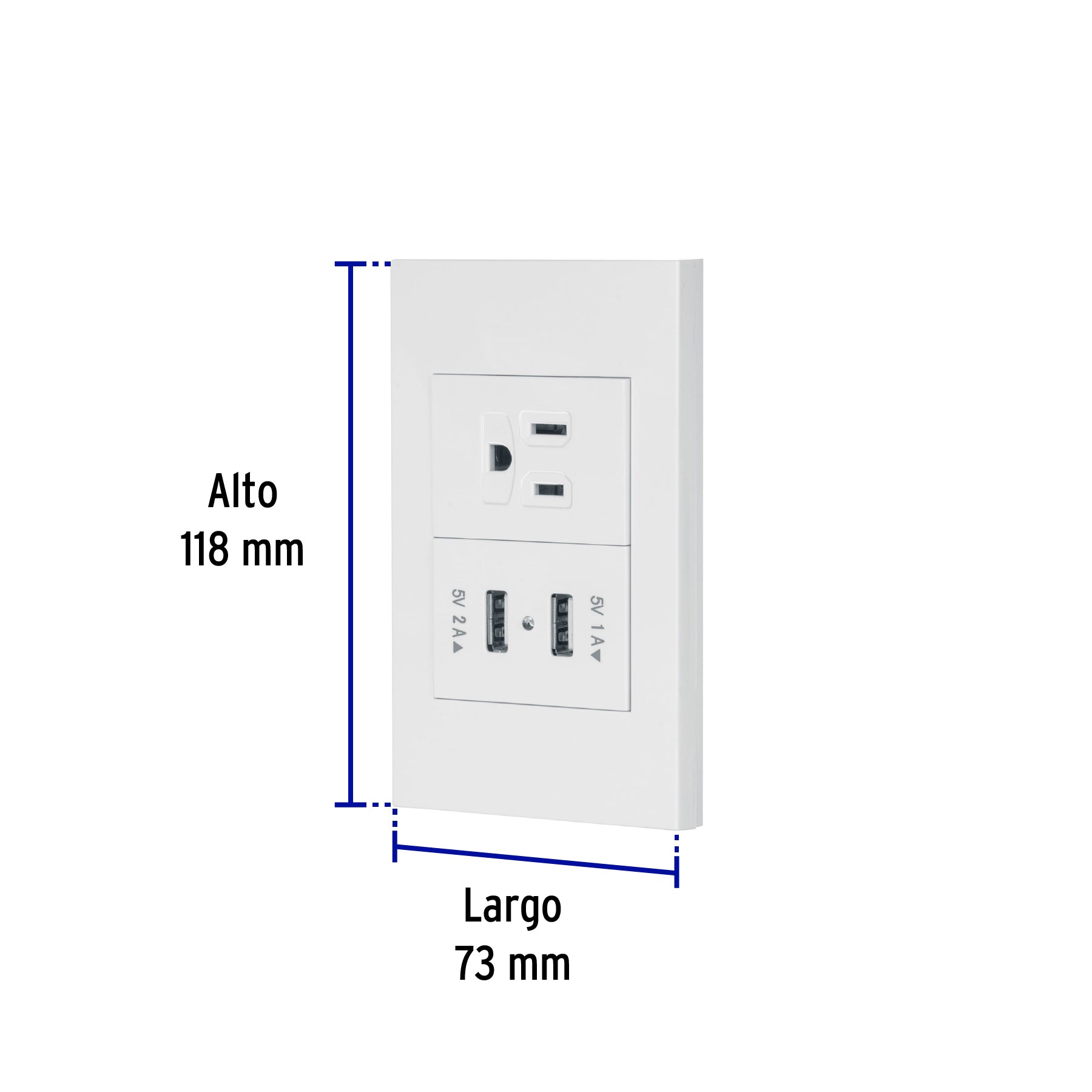 Placa armada 1contacto, 2puertos USB, 1.5mod,Española,blanco
