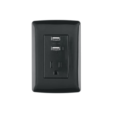 Contacto aterrizado + 2 puertos USB, negro, línea Italiana