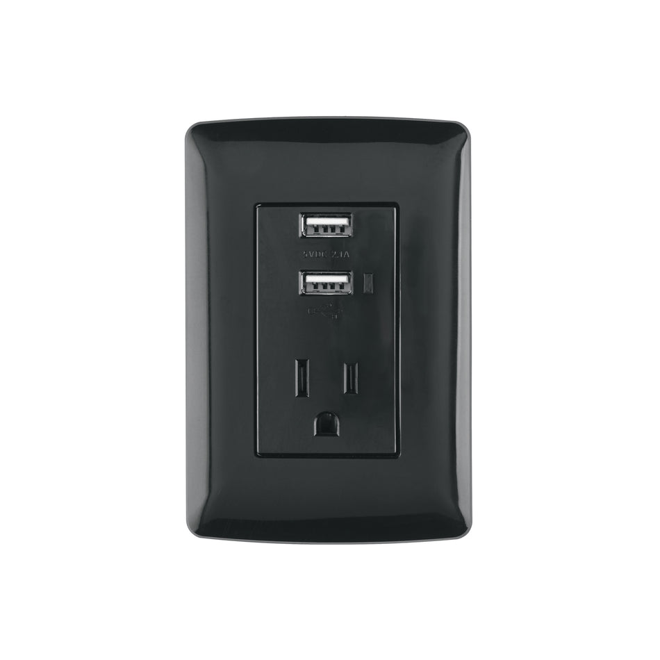 Contacto aterrizado + 2 puertos USB, negro, línea Italiana