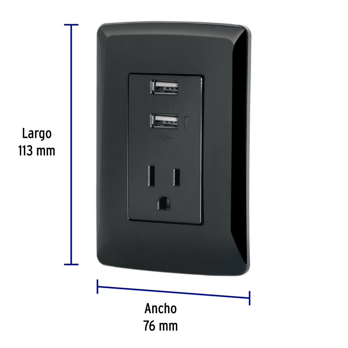 Contacto aterrizado + 2 puertos USB, negro, línea Italiana