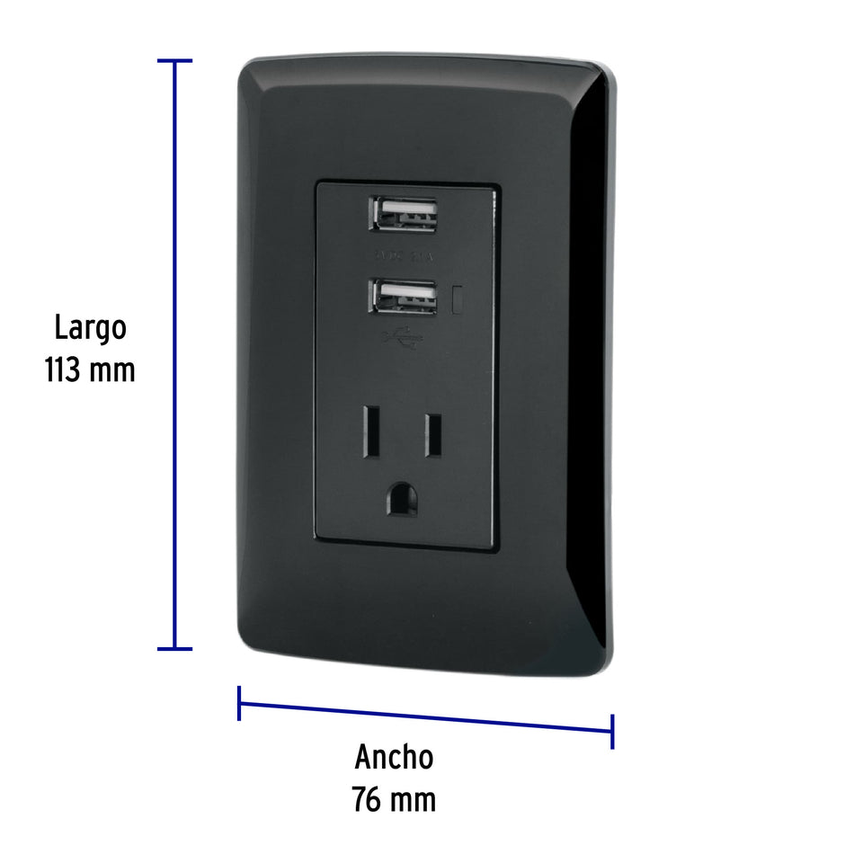 Contacto aterrizado + 2 puertos USB, negro, línea Italiana