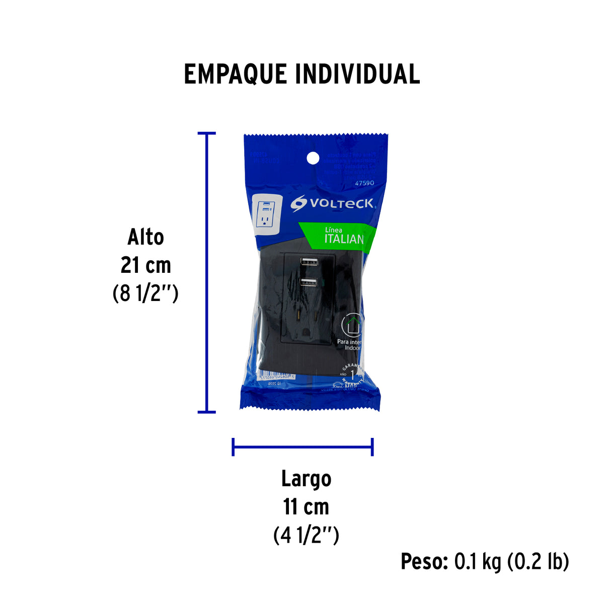 Contacto aterrizado + 2 puertos USB, negro, línea Italiana