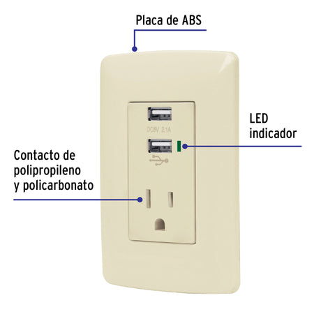 Contacto aterrizado + 2 puertos USB, plata, línea Italiana