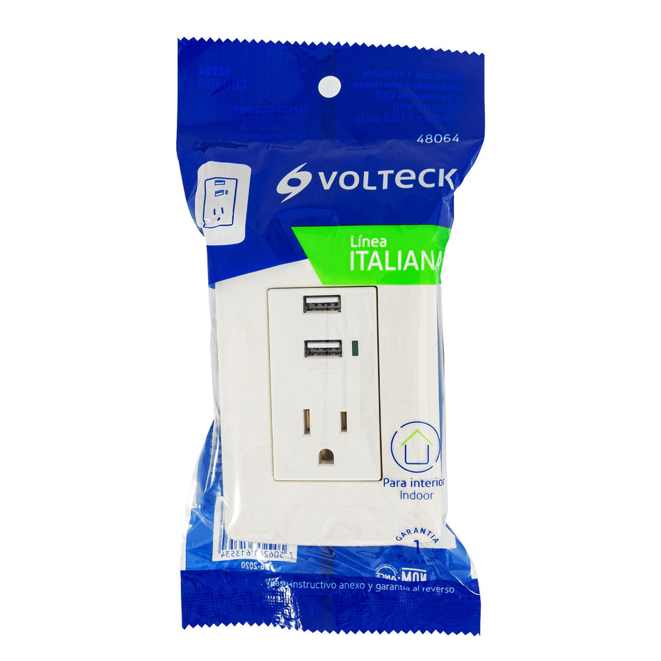 Contacto aterrizado + 2 puertos USB, plata, línea Italiana