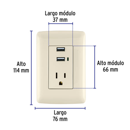 Contacto aterrizado + 2 puertos USB, marfil, línea Italiana