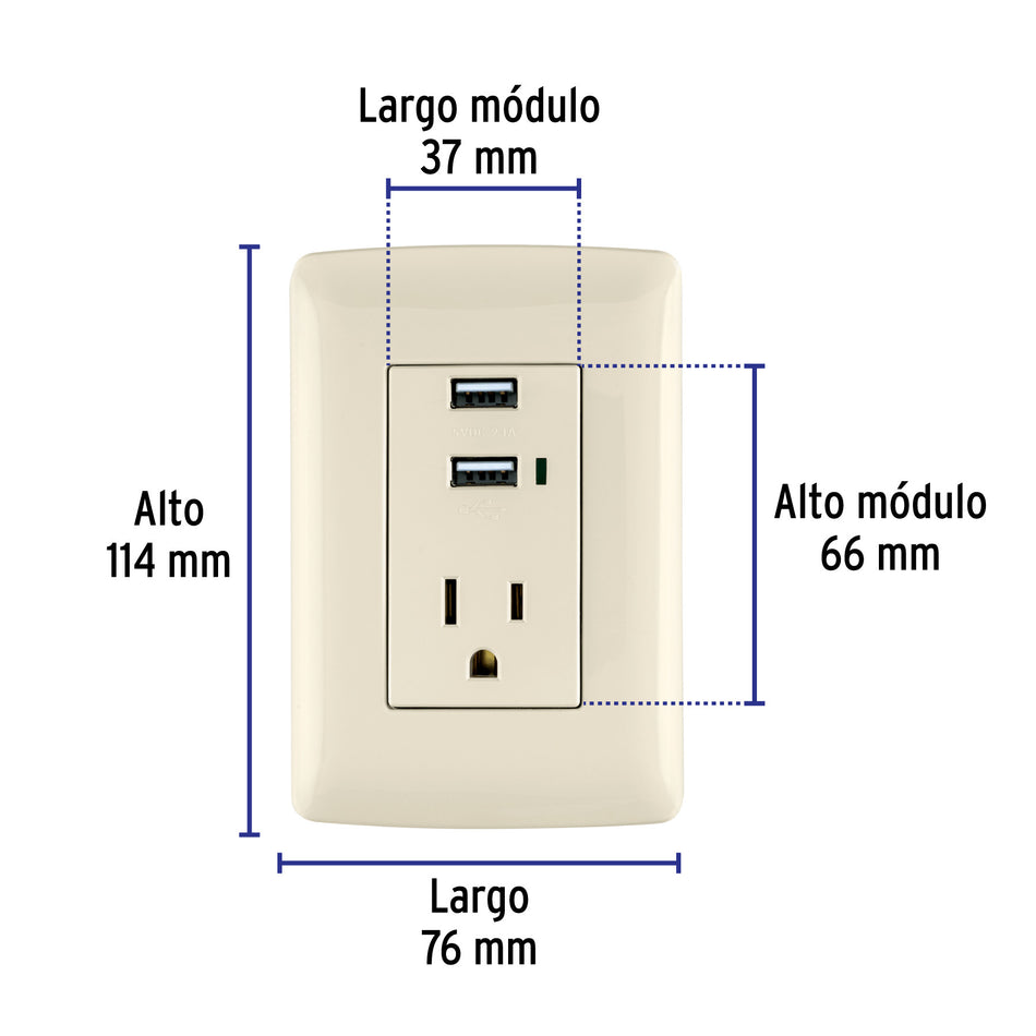 Contacto aterrizado + 2 puertos USB, marfil, línea Italiana