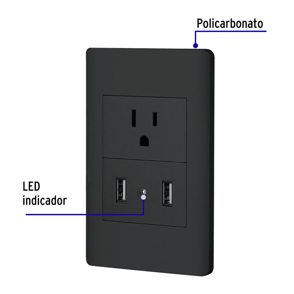 Placa armada negra contacto y 2 puertos USB 1.5 mod Lisboa