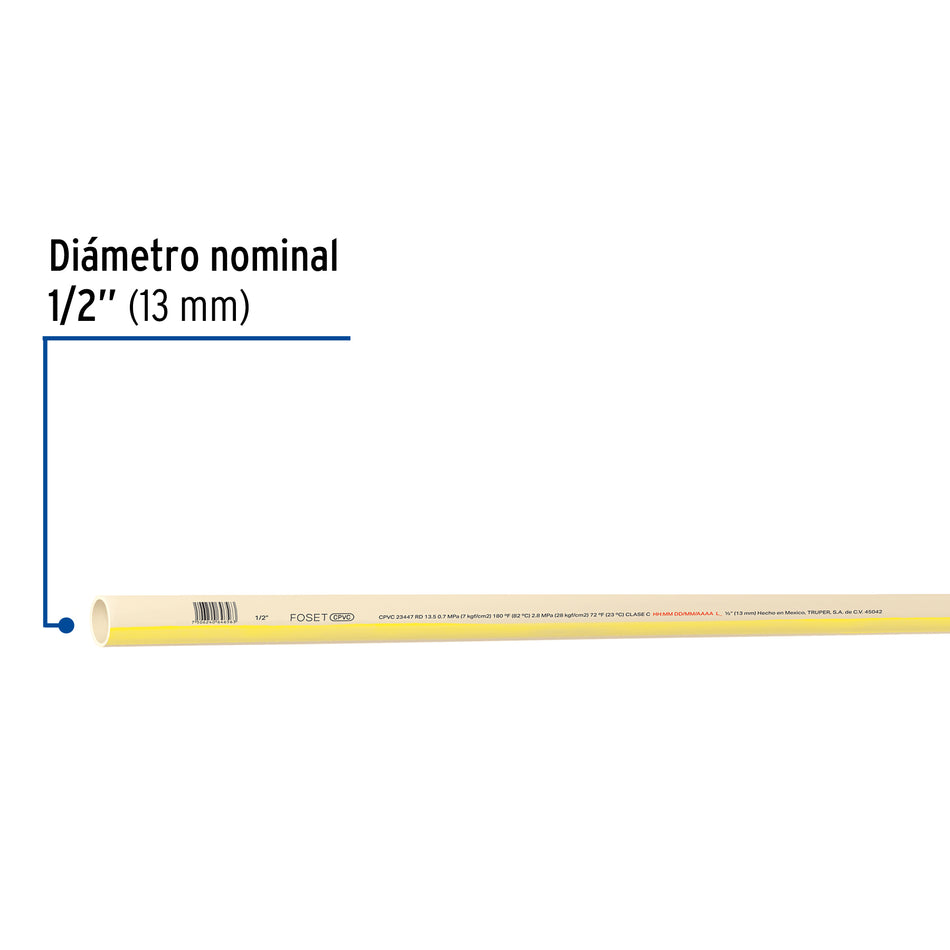 Tubo de 1/2' CPVC hidráulico RD 13.5, 3m, 0.3kg, FOSET