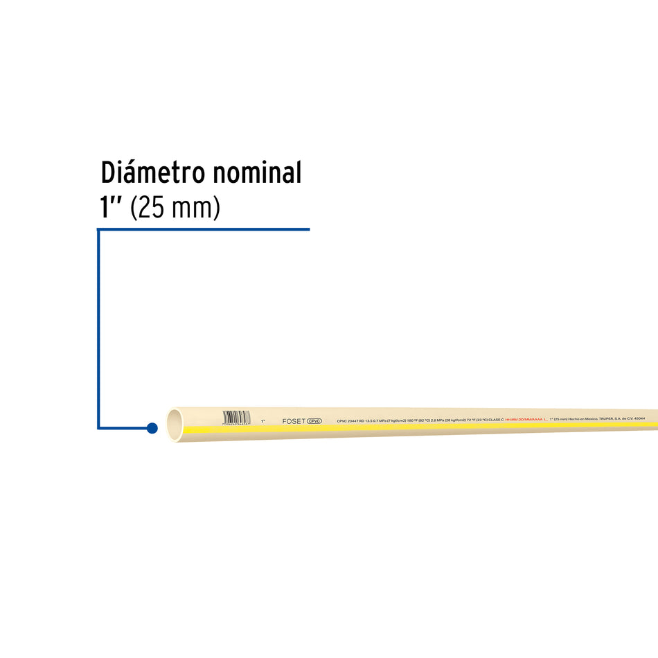 Tubo de 1' CPVC hidráulico RD 13.5, 1', 3m, 0.8kg, FOSET