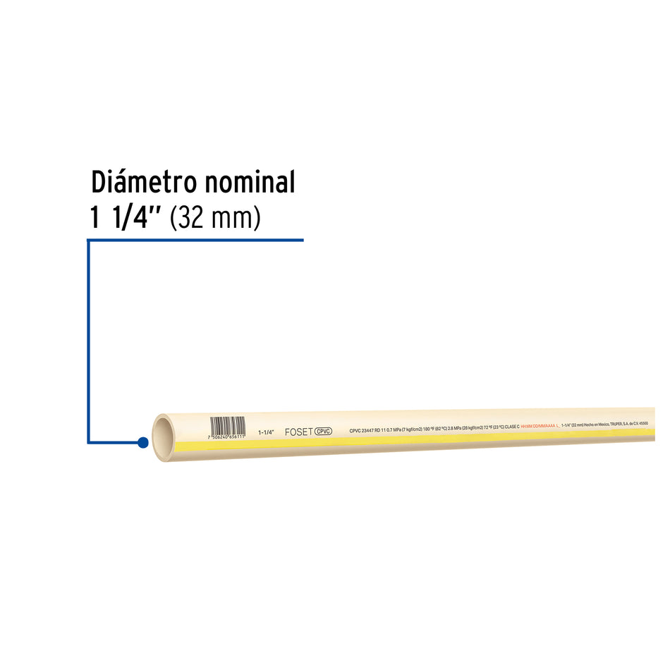 Tubo de 1-1/4' CPVC hidráulico RD 11, 3m, 1.5kg, FOSET