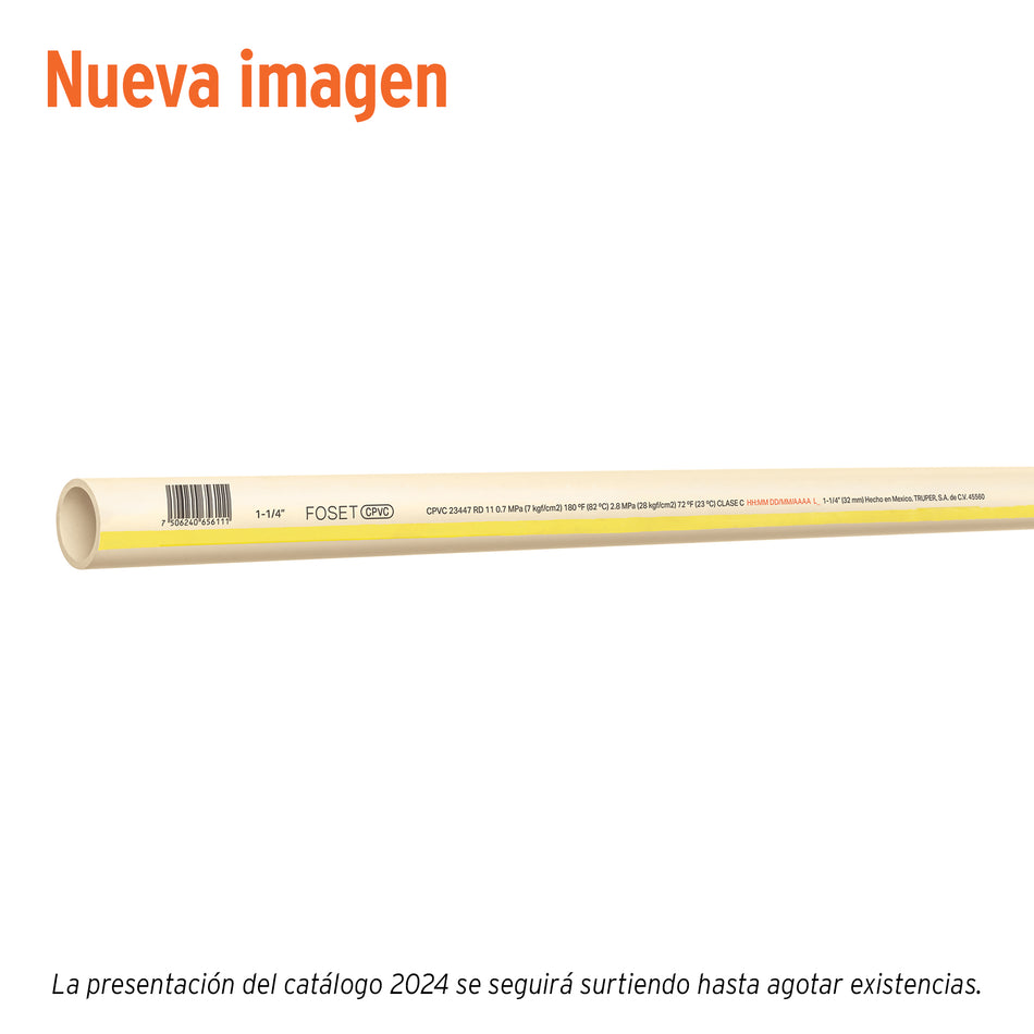 Tubo de 1-1/4' CPVC hidráulico RD 11, 3m, 1.5kg, FOSET