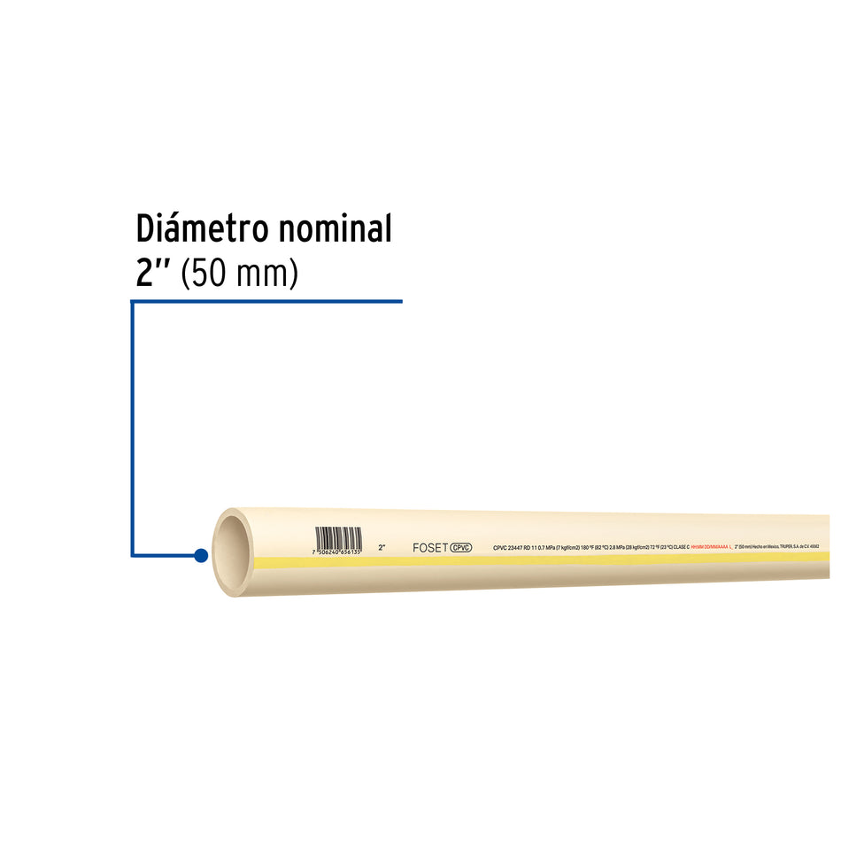 Tubo de 2' CPVC hidráulico RD 11, 3m, 3.5kg, FOSET